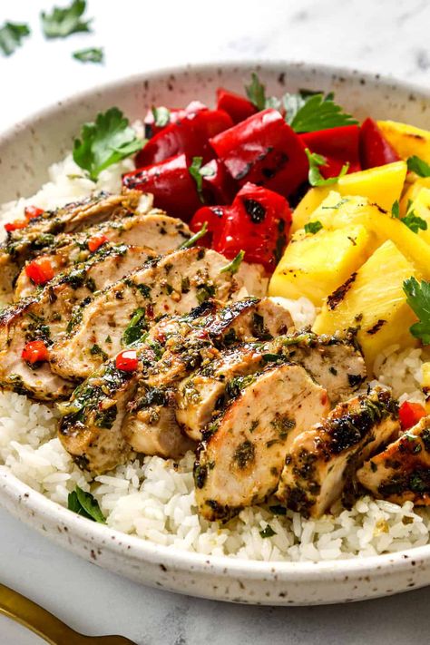 Chimichurri Chicken - Carlsbad Cravings Chicken Chimichurri, Chimichurri Chicken, Chimichurri Recipe, Carlsbad Cravings, Chimichurri Sauce, Pineapple Salsa, Red Chili Peppers, Red Chili Flakes, Chicken Marinades