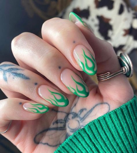 Green Flame Nail Art, Flames Nails Designs, Green Flame Nails, Check Nails, Long Square Nails, Happy Nails, Edgy Nails, Coffin Nails Long, Best Nail