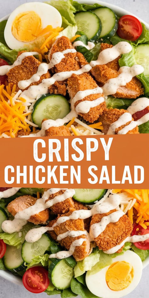 This Crispy Chicken Salad is the perfect combination of crunchy, juicy, and fresh! Loaded with crispy chicken, fresh veggies, and a flavorful dressing. Chicken Strip Salad Recipes, Breaded Chicken Salad, Chicken Strip Salad, Fried Chicken Salad Recipe, Crispy Chicken Salad Recipe, Fried Chicken Salad, Crispy Chicken Salad, Fried Chicken Salads, Crispy Chicken Salads