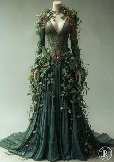 Elven Dress Gowns Woodland, Woman Fairy Dress, Earth Elf Outfit, Fairytale Dress Photoshoot, Fantasy Forest Dress, Mother Nature Goddess Costume, Forest Faerie Aesthetic, Druid Wedding Dress, Woodland Fairy Cosplay