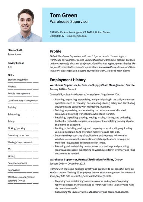 Professional Warehouse Supervisor Resume Blue Template Warehouse Resume, Supervisor Resume, Team Motivation, Writing Guide, Warehouse Management, Resume Builder, Resume Sample, Supply Chain Management, Guided Writing