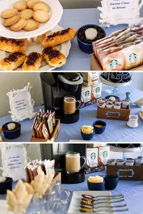 6-simple-and-cute-coffee-party-ideas-will-make-you-think-of-italian-coffee-bars-07 Coffee Party Bar, Coffee Party Decorations, Coffee Party Ideas, Group Food Ideas, Coffee Bar Party, Coffee Catering, Small Coffee Bar Ideas, Small Coffee Bar, Graduation Party Desserts