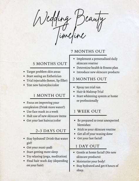 Wedding Beauty Prep, Wedding Beauty Checklist, Wedding Beauty Timeline, Wedding Planning List, Wedding Planning Timeline, Wedding List, Wedding Planning Guide, Beauty Guide, Beauty Regimen