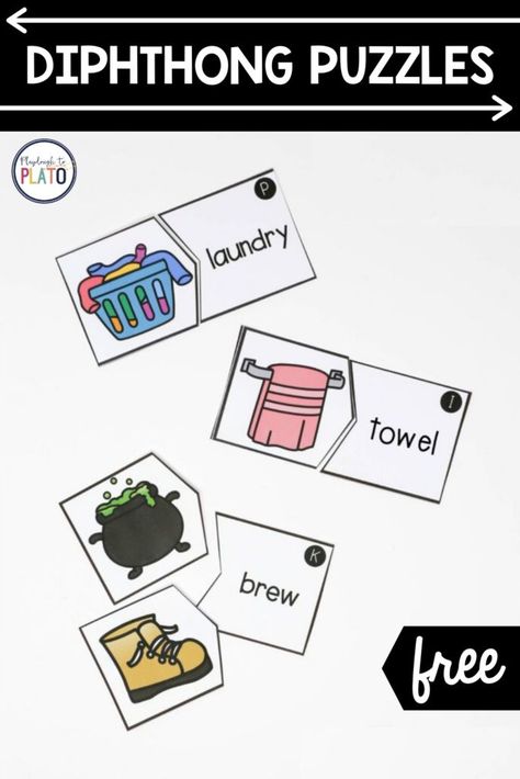 This diphthong puzzle is the perfect literacy center and word work station. This set focuses on those tricky diphthongs including -AU, -AW, -EW, -OI, -OO and -OU. Kindergarten and first graders will love this activity and choose it again and again! #diphthongs #puzzles #phonics #literacycenters Playdough To Plato, Word Work Stations, Literacy Centers Kindergarten, Literacy Games, Literacy Center, Word Practice, Reading Centers, Kindergarten Literacy, Phonics Activities