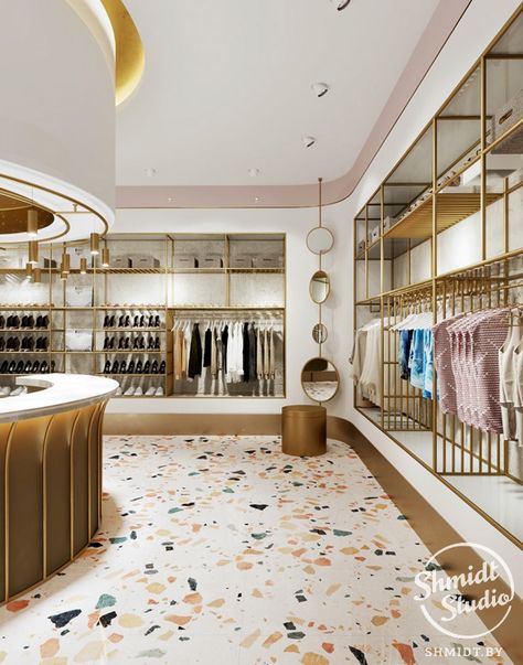 Interior Boutique on Behance Interior Boutique, Gold Shelves, Retail Store Interior Design, Clothing Store Interior, Clothing Store Design, Retail Interior Design, Store Design Boutique, Retail Store Interior, Boutique Interior Design