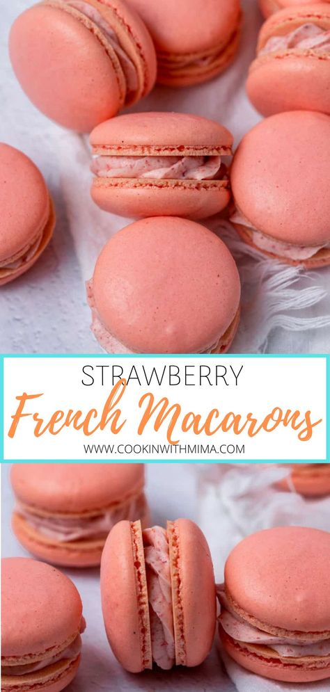 Soft and chewy on the inside, crisp on the outside, you won’t believe how easy it is to make these delicious Strawberry Macarons! A beautiful pink twist on the classic French macaron, you’ll have so much fun making this strawberry macaron recipe! #strawberry #macaron #cookies Strawberry French Macarons, Macaroons Vs Macarons, Macaron Recipe Strawberry, Strawberry Macaron Recipe, Strawberry Filling For Macarons, Macaroons Easy Recipe, Macaron Ice Cream Sandwich Recipe, Macaroon Frosting Recipe, Strawberry Macrons Recipes