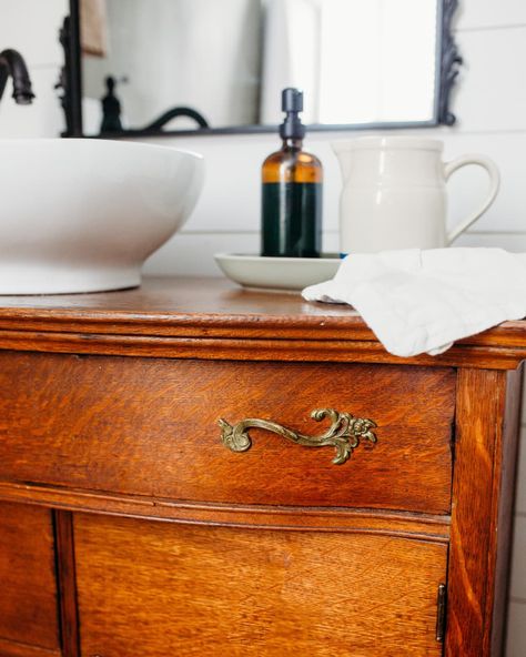 Wooden vanity with vessel sink on top Diy Dresser To Vanity, Diy Antique Bathroom Vanity, Antique Dresser Sink Vanity, Diy Dresser Sink, Vintage Dresser Bathroom Vanity, Dresser Turned Into Bathroom Vanity, Bathroom Vanity Countertop Ideas, Dresser Sink Vanity, Washstand Vanity