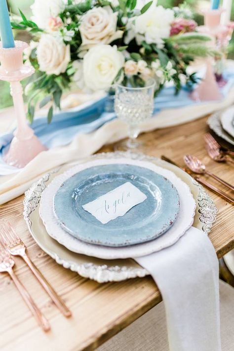 A Dusty Blue Barn Wedding with Romantic Details Galore | The Perfect Palette Teal And Grey Wedding, Elegant Backyard Wedding, Blue And Blush Wedding, Blue Wedding Centerpieces, Blue Barn, Embrace Natural Beauty, Blue Wedding Inspiration, Wedding Plates, Blue Themed Wedding