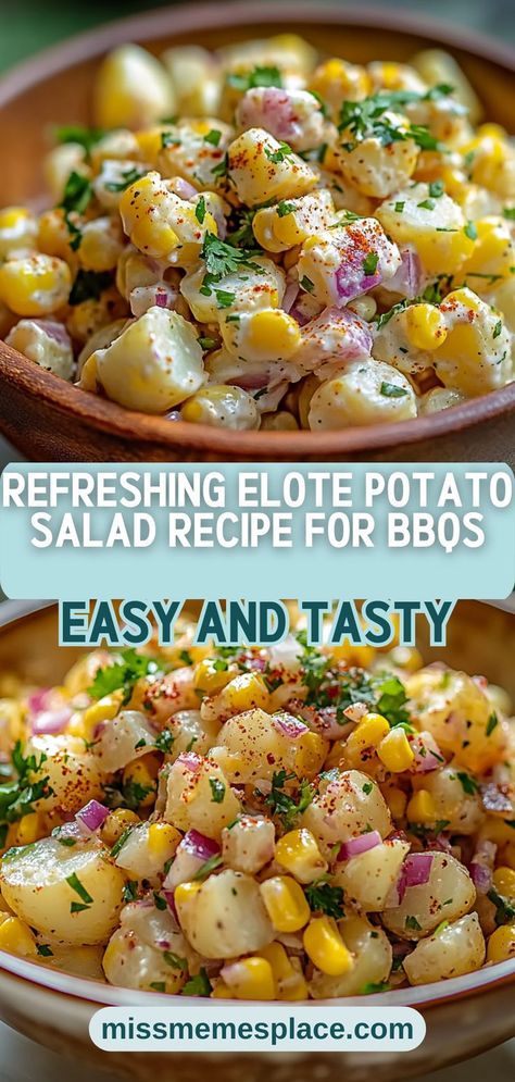 Spice up your BBQ with this Refreshing Elote Potato Salad Recipe! This unique take on potato salad features vibrant Mexican street corn flavors, including creamy mayonnaise, zesty lime juice, and crumbly Cotija cheese. With a perfect balance of sweetness and spice, this salad pairs beautifully with grilled meats or can be enjoyed on its own. Prepare it ahead of time for an easy, stress-free side that will complement any outdoor feast! Fried Potato Salad Recipes, Winter Potato Salad, Mexican Potatoes Recipes, Elote Salad Recipe, Corn Potato Salad, Corn Flavors, Homemade Potato Salad, Mexican Potatoes, Corn Recipes Side Dishes