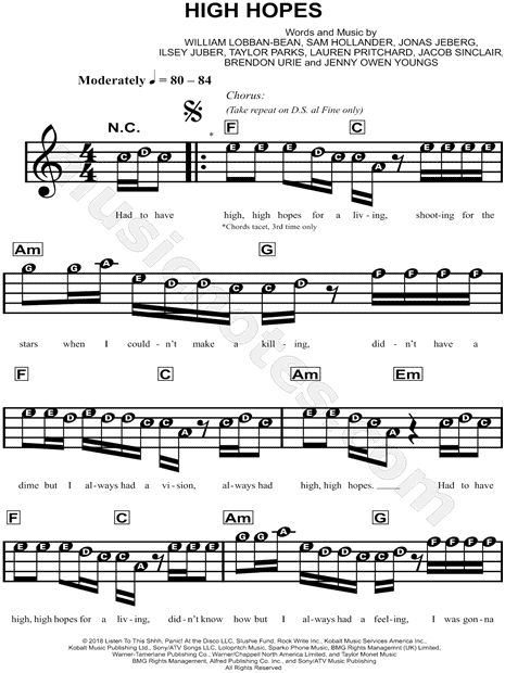 Print and download High Hopes sheet music by Panic! at the Disco. Sheet music arranged for Piano/Vocal/Chords in F Major. Pop Piano Sheet Music, Sheet Music For Beginners, Music For Beginners, Piano Songs Sheet Music, Piano Tutorials Songs, Piano Sheet Music Letters, Piano Music Easy, Easy Sheet Music, Piano Notes Songs