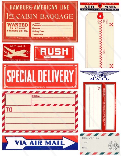 Digital Collage Sheet Air Mail Tags labels ephemera clipart | Etsy Sticker Luggage, Retro Ephemera, Mail Tag, Vintage Mail, Christmas Photo Album, Tiny Island, Labels Printables Free, Mailing Labels, Gift Post