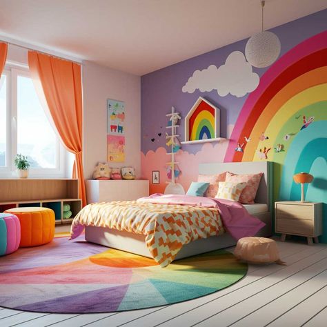 10+ Bright and Bold Ideas for Lively Children's Bedrooms • 333+ Art Images Girl Kids Bedroom Designs, Easy Bedroom Wall Mural, Pokemon Bedroom Aesthetic, Children's Bedroom Ideas Girl, Kids Girl Room Ideas, Toddler Girl Bedroom Colorful, Rainbow Girls Room Ideas, Trolls Bedroom Ideas, Colourful Childrens Bedroom