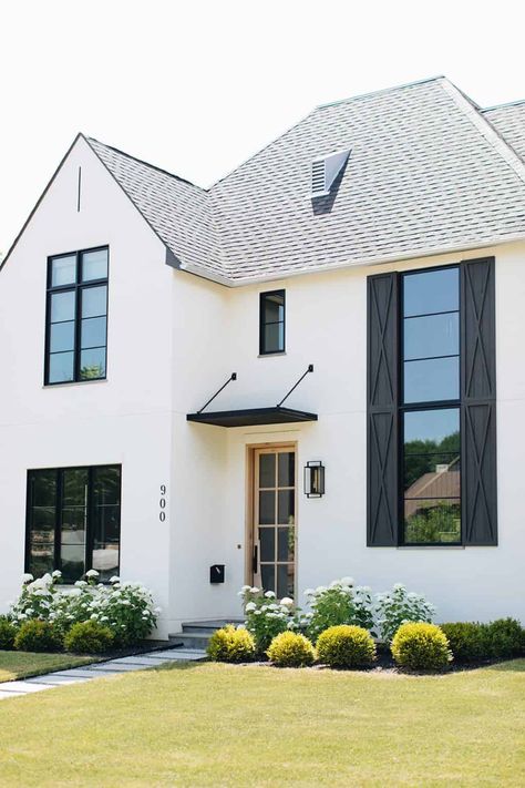 House Envy: An absolutely stunning modern English farmhouse in Illinois Modern English Farmhouse, Exterior Door Trim, Natural Interiors, English Farmhouse, Black Shutters, Brick Exterior House, Modern Farmhouse Exterior, White Cottage, Design Exterior