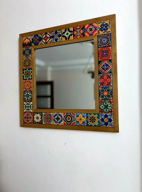 Mexican Tile Mosaic, Talavera Mirror, Mexican Style Decor, Bohemian Mirror, Tile Mirror, Art Deco Wall Mirror, Mexican Talavera Tile, Stone Mirror, Talavera Tile