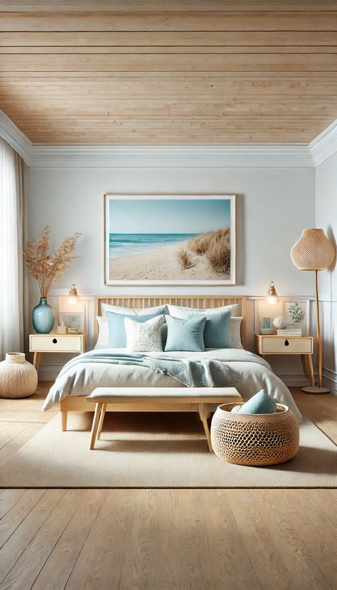 Transform your space with a serene home bedroom refresh! This calming coastal design showcases soft blues and natural textures that evoke tranquility. Perfect for creating a peaceful retreat. #BedroomGoals #InteriorDesign #HomeDecor Coastal Rattan Bedroom, Coastal Scandinavian Style Bedroom, Dusty Blue Room Ideas, Coastal Calm Bedroom, Calm Coastal Bedroom, Soothing Bedroom Ideas, Beachy Bedroom Ideas Coastal Style, Contemporary Coastal Bedroom, Coastal Beach House Interiors