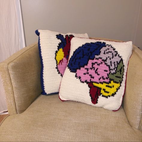 half-double crochet tapestry stitch anatomical brain pillow Crochet Tapestry Pillow, Brain Crochet, Anatomical Brain, Tapestry Pillow, Crochet Tapestry, Crochet Pillow, Tapestry Crochet, Half Double Crochet, Double Crochet