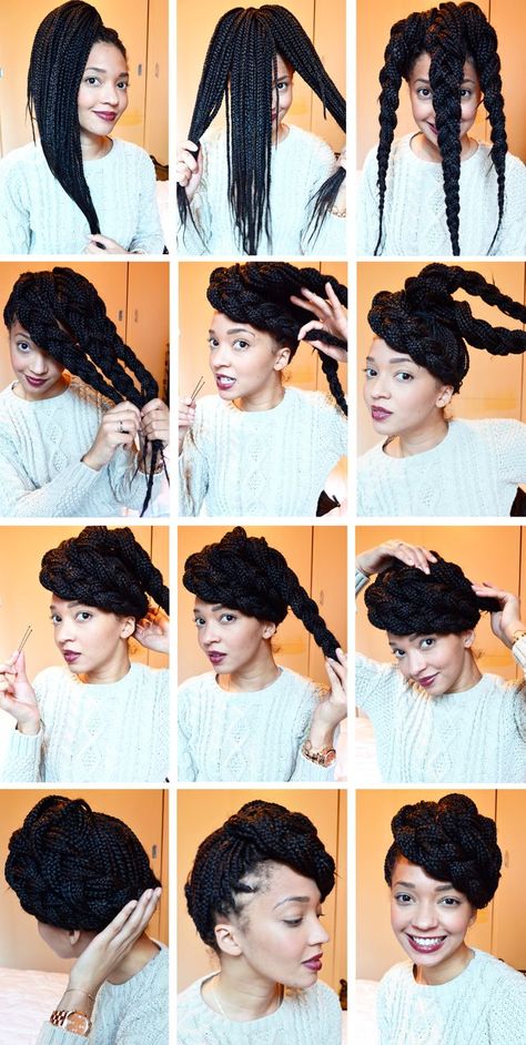 Hair, box braide style...I could probably do a similar style with just my hair. Gotta try! Box Braid Styles, Box Braids Updo, Trendy We Fryzurach, Twisted Hair, No Heat Hairstyles, Crochet Braids Hairstyles, Box Braids Styling, Box Braid, Braided Hairstyles Updo