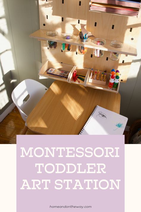 Our Art Station [Montessori Toddler Art Set-Up] — Home and on the Way Toddler Art Station, Kids Art Corner, Toddler Art Supplies, Art Caddy, Craft Station, Art Supply Organization, Montessori Ideas, Art Shelves, Art Corner