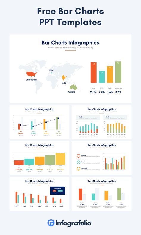 Enhance your data presentations with our dynamic collection of Bar Charts PowerPoint templates. Compatible with Microsoft PowerPoint, Apple Keynote, and Microsoft Excel, these templates offer seamless integration across platforms. Visualize your data with stunning bar charts and create impactful data visualizations. Dive into statistical analysis and graphical representation to uncover valuable insights. Compare trends, track business metrics, and monitor performance with ease. Data Powerpoint Design, Free Power Point Templates, Bar Chart Design, Graphing Project, Chart Layout, Chart Presentation, Data Infographic, Data Presentation, Powerpoint Chart Templates