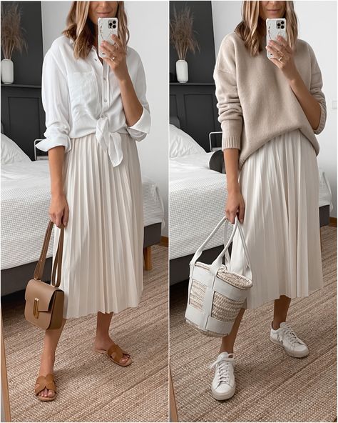 Cream Pleated Skirt Outfit, Pleated Skirt And Sneakers, Mango Sandals, Skirts With Sneakers, White Skirt Outfits, Spring Skirt Outfits, Pleated Skirt Outfit, Long Skirt Outfits, Rock Outfit