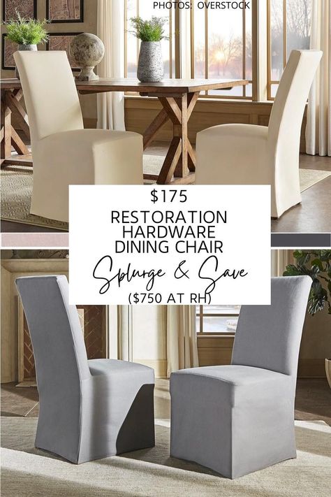 This Restoration Hardware Parsons slipcover dining chair dupe will get you the Restoration Hardware look for less. These neutral dining chairs would look amazing in a modern traditional or transitional living room. #farmhouse #seating #chairs #copycat #lookforless #budget #decor Restoration Hardware Look For Less, Pottery Barn Chair, Restoration Hardware Dining Table, Restoration Hardware Dining Room, Slipcover Dining Chair, Restoration Hardware Look, Modern Traditional Decor, Seating Wall, Restoration Hardware Dining