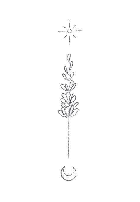 Lavender Tattoo Design Minimal Moon and Sun Lavender Henna Tattoo, Fine Line Jungle Tattoo, Lavender Tattoo Minimalist, Small Lavender Tattoo Black, Lavender Outline Tattoo, Sprig Of Lavender Tattoo Simple, Lavender Stem Tattoo, Moon And Lavender Tattoo, Lavender Tattoo Collar Bone