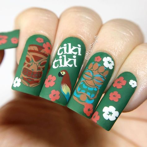 Happy Friday! As some of you know, I live pretty close to Disneyland and am an absolute Disney fanatic, so I decided to stamp some nails… Tiki Nails Ideas, Disney Aulani Nails, Tiki Nail Art, Tiki Nails, Disney Hawaii Aulani Nails, Moana Nails, Disney Nail Wraps, Disney Tiki Room Tattoo, Hawaiian Nails