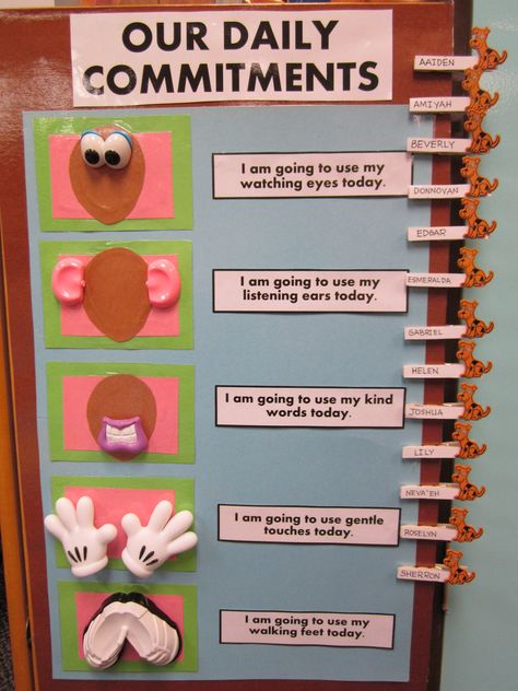 Our daily commitment board! Children's names move (using small clothespins) to their corresponding commitment! Frogstreet Prek, Classroom Discipline Ideas, Conscience Discipline, Discipline Ideas, Classroom Discipline, Conscious Discipline, Classroom Behavior, Classroom Rules, Classroom Setting