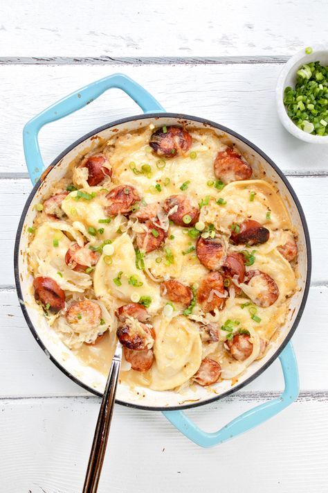 This recipe for Kielbasa, Pierogies and Sauerkraut is an over the top treat for anyone who loves Eastern European foods. Go on - indulge! What To Eat With Pierogies, Kielbasa Pierogies, Pierogies And Kielbasa, European Meals, Homemade Pierogies, Eastern European Food, Sauerkraut Meals, Frozen Pierogies, Blue Jean Chef