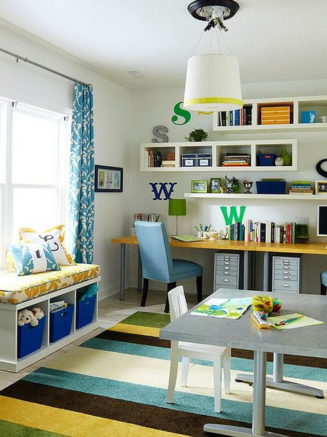 Multipurpose Magic: Creating a Smart Home Office and Playroom Combo Office Playroom Combo, Corner Bench With Storage, Office Seating Area, Bedroom Window Seat, Craft Room Desk, Playroom/living Room, Bedroom Seating Area, Living Room Playroom, Home Office Layout