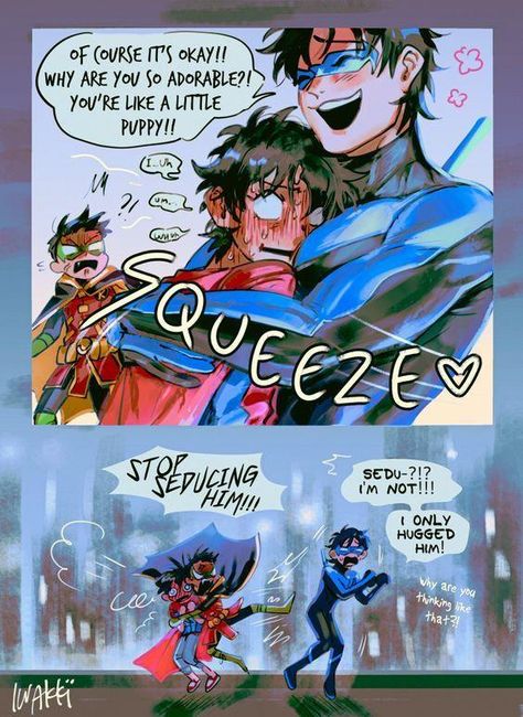 Nightwing Fanart Cute, Damian X Superboy, Damian Wayne And Nightwing, Nightwing X Superboy, Damian X Jon Fanart, Damian Wayne Funny, Robin X Superboy, Birdflash Fanart, Jondami Fanart