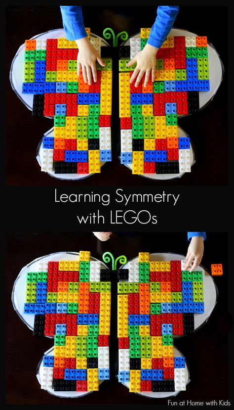 A fun and simple lesson on symmetry using LEGOs and a sticky-winged butterfly from Fun at Home with Kids Preschool Numbers, Lego Math, Purposeful Play, Used Legos, Home With Kids, Lego Education, Lego Activities, Math Geometry, Homeschool Math