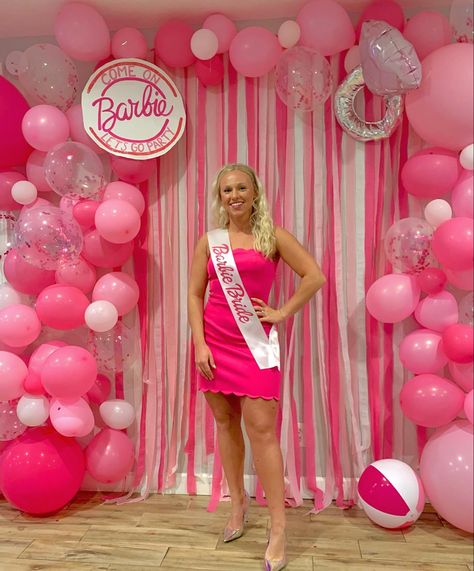 Barbie Bachelorette Party Backdrop, Barbie Bride Bachelorette Outfit, Barbie Themed Bridal Shower Ideas, Barbie Themed Birthday Party Outfit, Barbie Hens Party, Barbie Bachelorette Party Ideas, Barbie Bridal Shower Ideas, Barbie Bachelorette Party Outfit, Gatlinburg Bachelorette