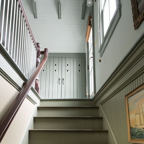 Flush Laundry Built-In Guest Space Above Garage, Landing At Top Of Stairs, Cape Cod Attic Remodel, Cape Cod House Attic Room, Cape Cod With Attached Garage, Cape Cod With Garage Addition, Olive Living Rooms, Cottage Stairs, Cedar Shingle Siding