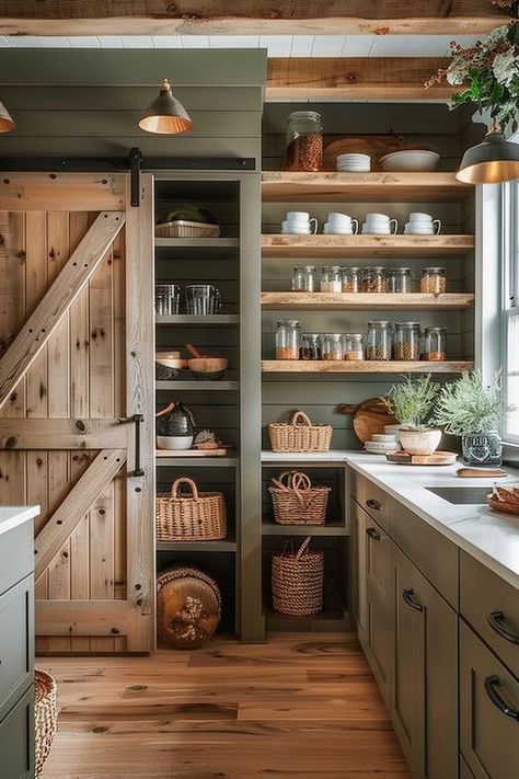 Outlander Kitchen Ideas, Kitchen Ideas Rustic Farmhouse Style, Minimal Rustic Kitchen, Old Fashion Decor, Open Pantry In Kitchen, Farm Home Ideas, Pantry Doors Ideas Kitchen, Small Farmhouse Ideas, Barn Kitchen Ideas