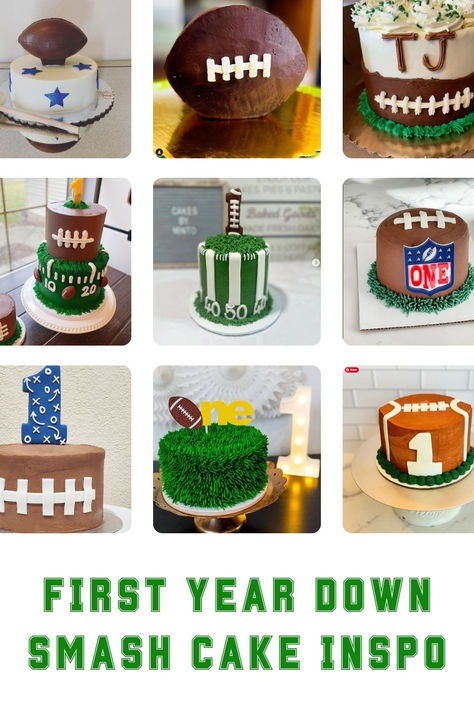 A collage of various football themed cakes perfect for a 1st birthday. These first year down smash cakes include football smash cake designs, first birthday smash cake football ideas, and cake smash boy 1st birthday football themes. Ideal for parents planning a football first birthday, these first year down cake smash options range from simple football designs to more elaborate first year down football birthday cake smash creations. Football Birthday Outfit, Diy Football Smash Cake, Football Party Cake Ideas, One Year Down Football Birthday Cake, Touchdown To One Birthday, First Year Down Cake Smash, First Down Football Birthday Party Cake, Super Bowl Birthday Cake, Sports Party Cake