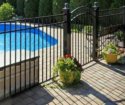 Wrought iron pool fence Removable Pool Fence, Aluminum Pool Fence, Metal Pool, Pool Gate, Cheap Landscaping Ideas, Paver Stones, Backyard Pool Landscaping, Above Ground Swimming Pools, Aluminum Fence