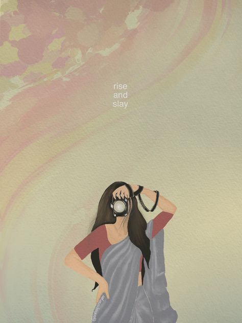 Women in saree illustration. Women holding camera. Women in saree. Woman photograhers. Insipirational qoutes. Thought of the day Saree Wallpaper Aesthetic, Woman In Saree Illustration, Independent Women Wallpaper, Saree Illustration, Dairy Art, Bengali Aesthetic, Women In Saree, Camera Illustration, Girl Dps