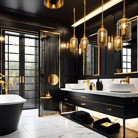 Cage like golden light fixtures. Exploring black and gold bathroom ideas becomes an exciting journey because this combination exudes sophistication and elegance like none other. Black And Gold Vanity Bathroom, Luxury Bathroom Design Ideas, Black And Gold Bathroom Ideas, Gold Bathroom Ideas, Glam Bathroom, Gold Light Fixture, Black And Gold Bathroom, Gold Fixtures, Black Towels