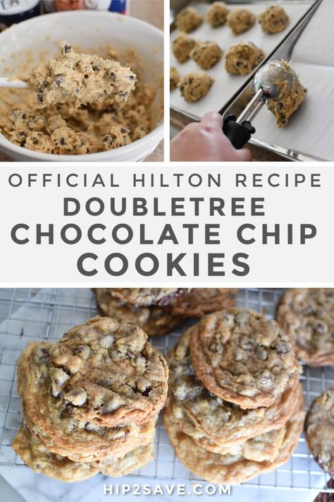 If you've ever visited a DoubleTree by Hilton hotel, then you may be familiar with the delicious homemade warm chocolate chip cookies they give you upon checking in. We're sharing their official recipe and we've got to tell ya, these are SO good to make at home! #hilton #doubletree #chocolatechip #cookie #recipe Doubletree Chocolate Chip Cookies, Nutella Banana Bread, Banana Nutella, Cookie Spread, Chocolate Chip Cookie Recipe, Warm Chocolate, Chip Cookie Recipe, Hilton Hotel, Homemade Cookies