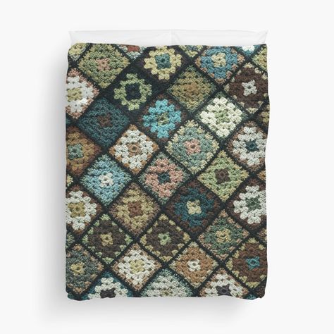 "Crochet granny square pattern dark green " Duvet Cover by Amalzaki | Redbubble Dark Green Duvet, Brown Duvet Cover, Brown Duvet, Brown Duvet Covers, Crochet Granny Square Pattern, Green Duvet Cover, Bed Cover Design, Granny Square Pattern, Green Duvet