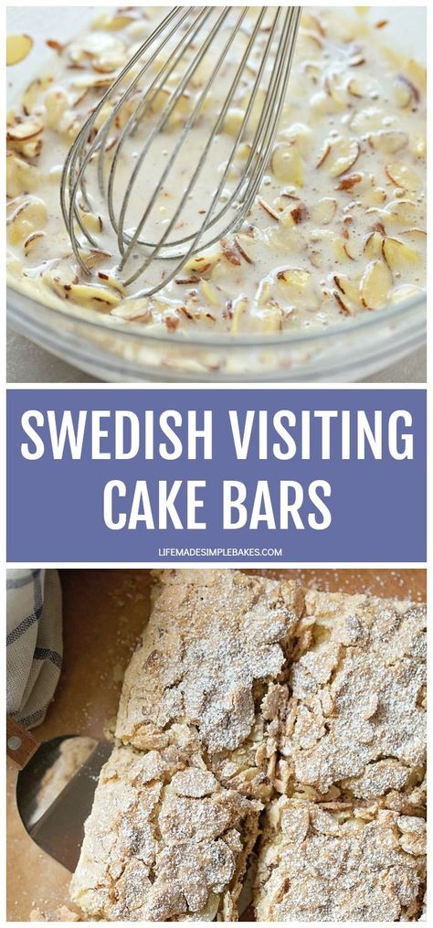 These Swedish visiting cake bars have a soft layer of almond cake topped with toasted almond meringue topping. These bars are quick, easy and absolutely delicious! #swedishvisitingcakebars #almondcake #visitingcakebars #cakebars #swedishvisitingbars Swedish Visiting Cake, Swedish Cake, Almond Meringue, Cake Bars Recipe, Meringue Topping, Life Made Simple, Soft Layer, Almond Cake, Swedish Recipes