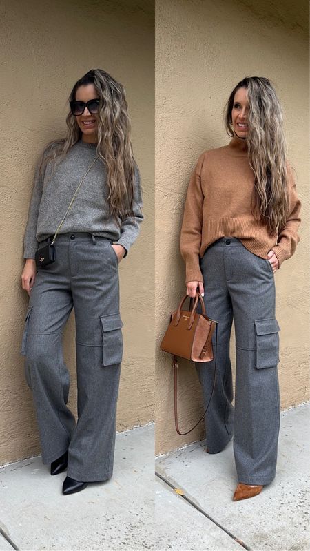 Two easy ways to style gray wool cargo trousers! Camel sweater is such a great staple to wear with anything but goes great with gray! Gray Khaki Pants Outfit Women, Outfit Ideas With Grey Pants, Grey Sweater And Jeans Outfit, Camel Pants Outfit Casual, Gray Tailored Pants Outfit, Gray Wide Pants Outfit, Gray And Tan Outfits Women, Charcoal Cargo Pants Outfit, Cargo Pants Outfit Gray