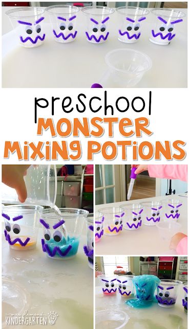 This mixing monster potions experiment was an engaging way to explore chemical reactions and color mixing. Great for Halloween  tot school, preschool, or even kindergarten! October Lesson Plans, Halloween Experiments, Halloween Lesson Plans, Science Experiments Kids Elementary, Halloween Activities Preschool, Monster Activities, Halloween Lesson, Pumpkin Life Cycle, Dekorasi Halloween