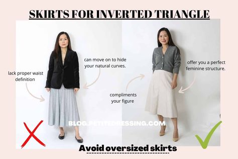 Outfits Inverted Triangle, Shapes In Fashion, Skirt Guide, Triangle Skirt, Small Hips, Inverted Triangle Body Shape, Narrow Hips, Triangle Body Shape, Smaller Hips