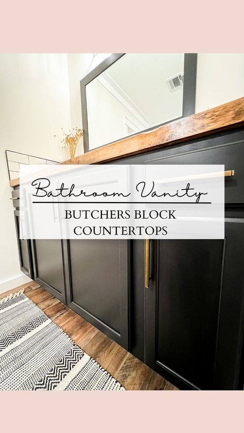 But Her Block Bathroom Counter, Butcher Block In Bathroom, Butcher Block Countertops Bathroom, Butcher Block Bathroom Vanity, Butcher Block Bathroom Counter, Butcher Block Bathroom, Bathroom Counter Ideas, Green Vanity, Primary Bath