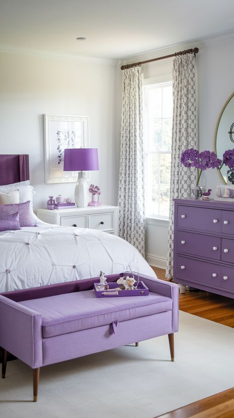 20 Purple Bedroom Refresh Ideas: Transform Your Space with Royal Elegance - SheBonny Purple Accent Wall, Purple Palette, Comfortable Accent Chairs, Purple Bedroom, Gold Bedroom, Purple Paint, Purple Themes, Bedroom Refresh, Velvet Curtains