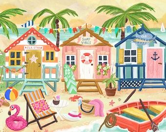 Beach Cabanas, Art Plage, Beach Cabana, Summer Scenes, Summer Painting, Beach Huts, Beach Shack, House Illustration, Cottage Art