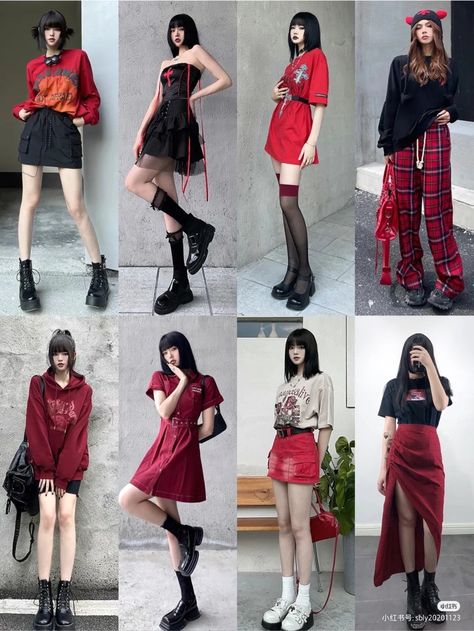 Grunge Red Outfit, Red Concert Outfit, Red Black Outfit, Red Skirt Outfits, Peony Aesthetic, Pusheen Plush, Cover Dance, Color Combos Outfit, Fashion Kawaii