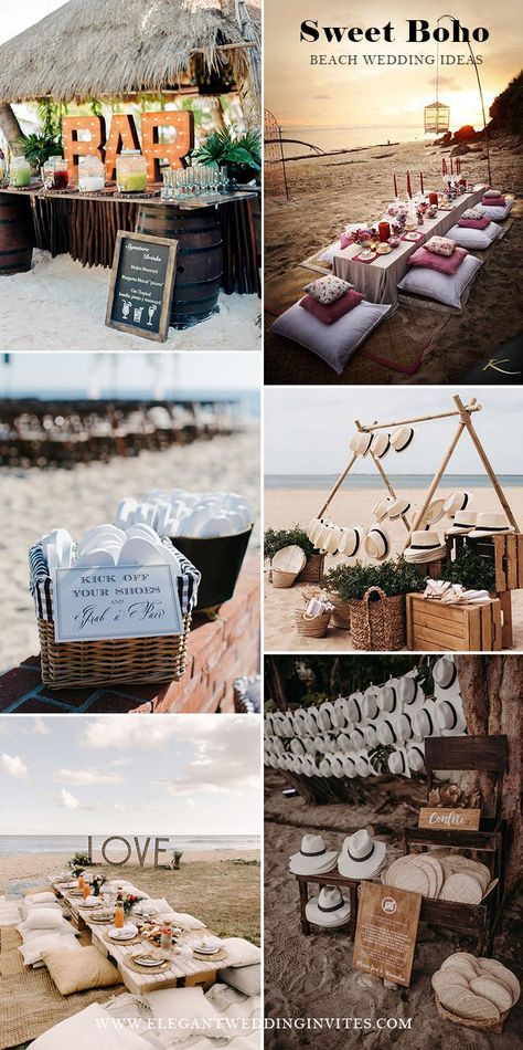 sweet and intimate beach wedding ideas for a relaxing boho theme beach wedding Beach Wedding Sitting Ideas, Beach Bonfire Wedding Reception, Small Beach Wedding Reception, Small Beach Wedding Ideas Simple, Boho Chic Beach Party, Intimate Beach Wedding Ideas, Beach Wedding Color Schemes, Rustic Beach Wedding Decor, Beach Wedding Ideas On A Budget